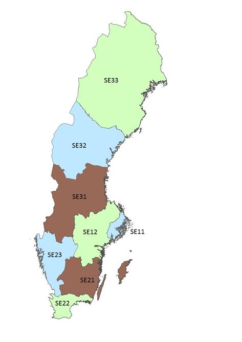 Karta över Sveriges NUTS2-områden